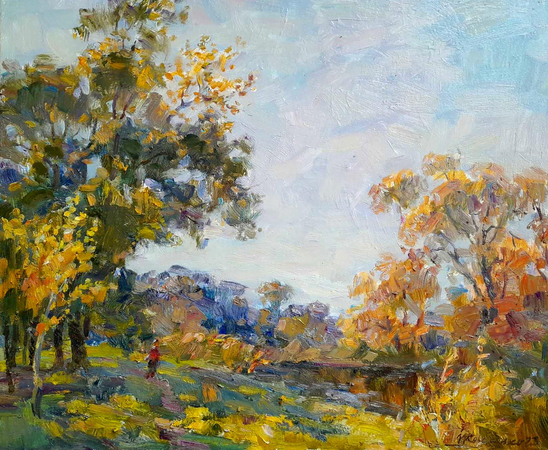 Autumn river walk oil painting by Ivan Kovalenko, vibrant foliage and blue sky