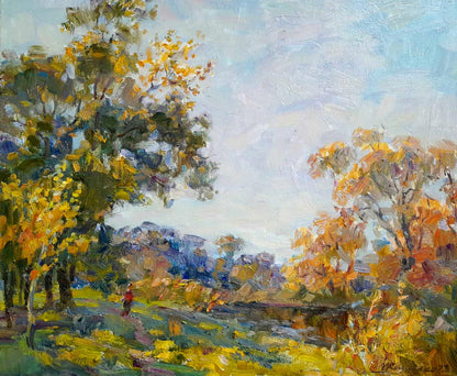 Autumn river walk oil painting by Ivan Kovalenko, vibrant foliage and blue sky