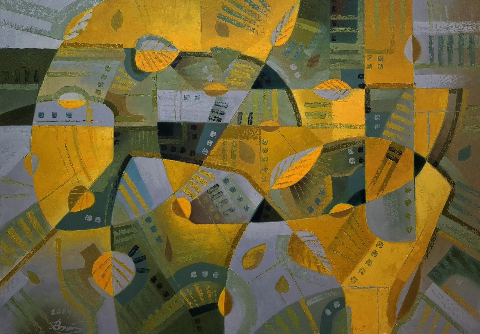 Oil painting October wind by Sergiy Voichenko with bold yellow green gray geometric leaf motifs