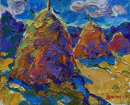 Vibrant impressionist oil painting of pears by Oleksiy Ivanyuk