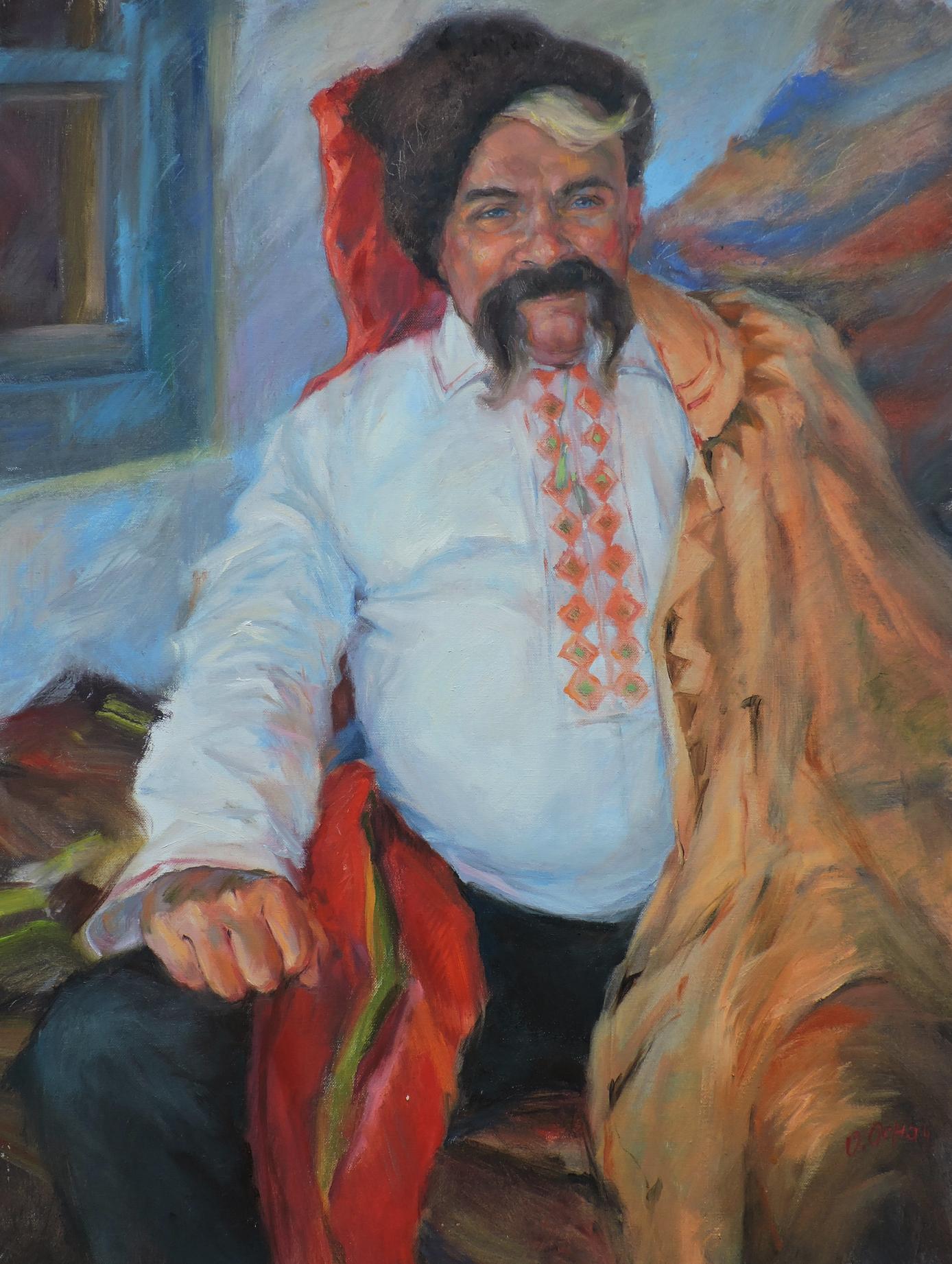Oil painting portrait of Cossack in embroidered shirt and fur hat by Oksana Osnach