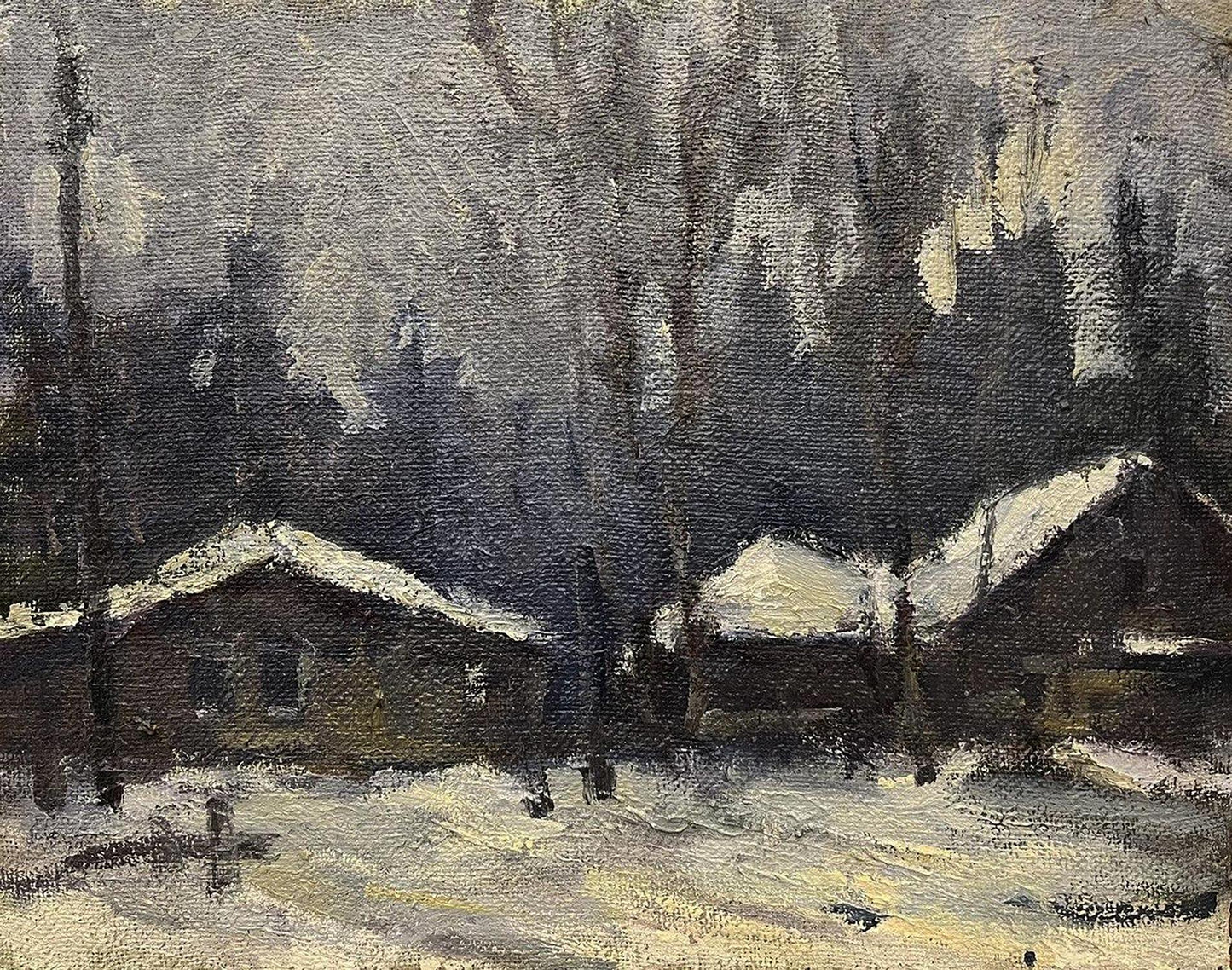 Oil painting White Night Volodymyr Pashchenko: snowy cabins in dark trees