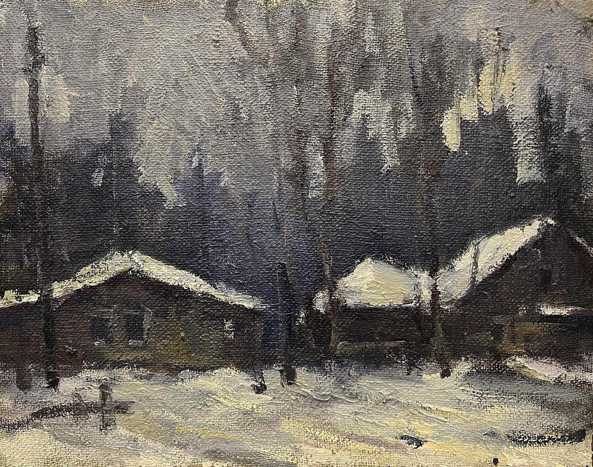 Oil painting White Night Volodymyr Pashchenko: snowy cabins in dark trees