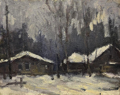 Oil painting White Night Volodymyr Pashchenko: snowy cabins in dark trees
