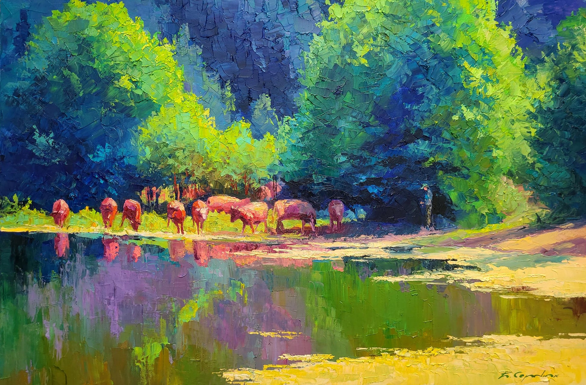 Vibrant impressionist oil painting by Boris Serdyuk of elk grazing by pond