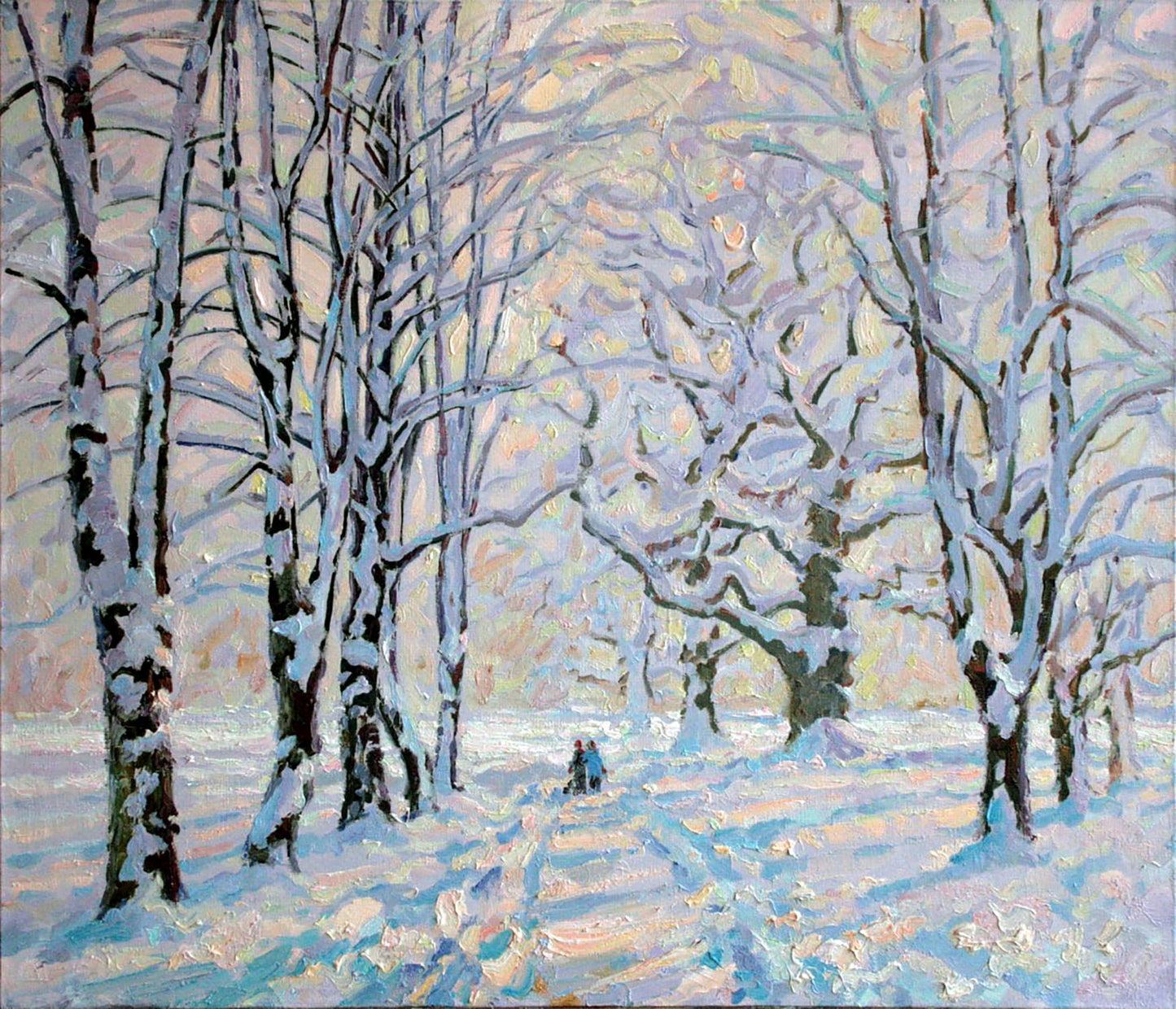 Winters Tale oil painting by Leonid Pavlenko: snow-covered birch trees