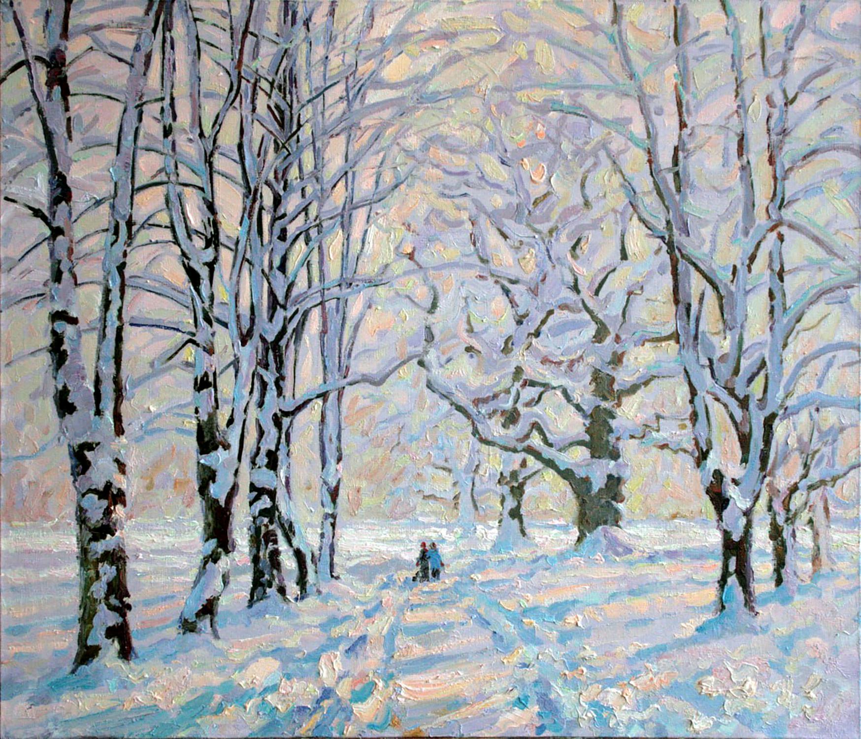 Winters Tale oil painting by Leonid Pavlenko: snow-covered birch trees