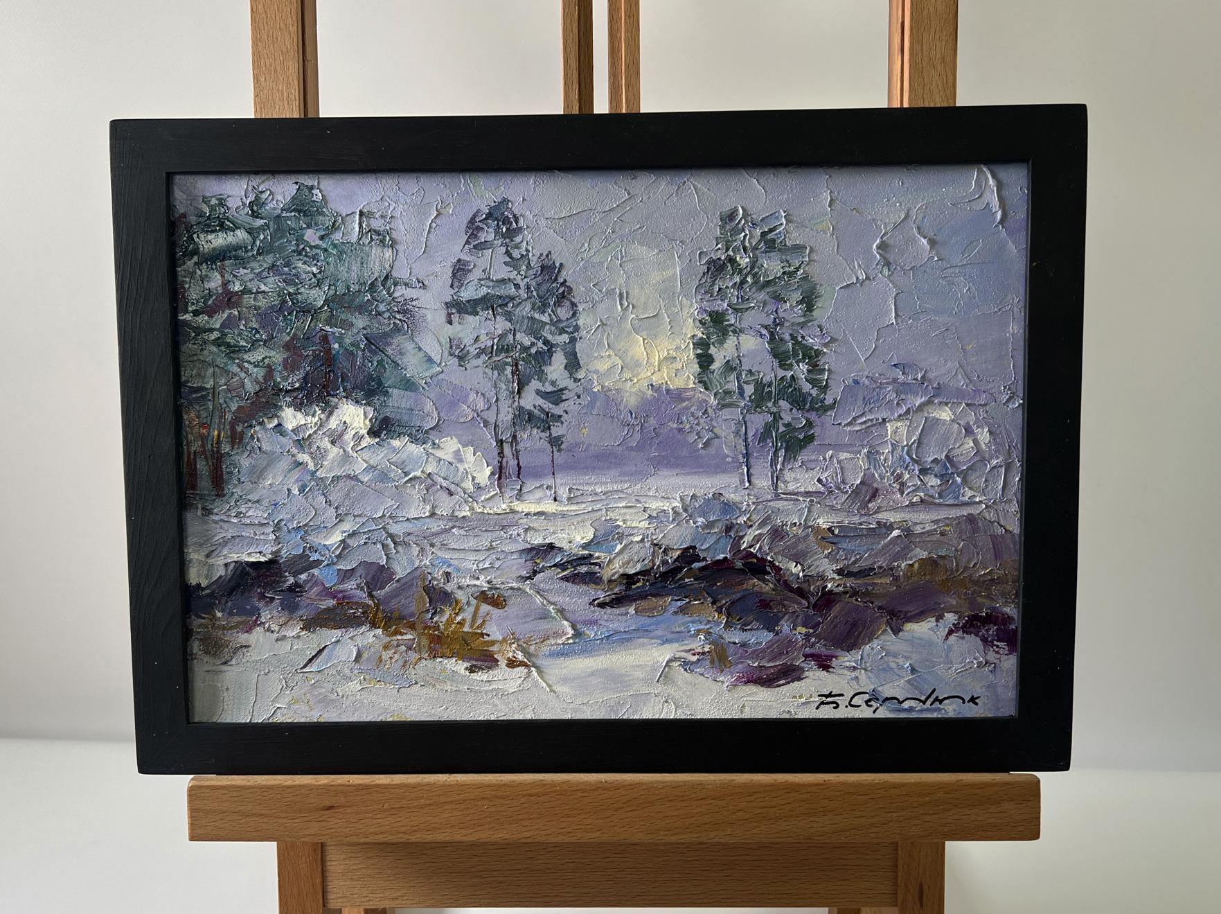 Framed impressionistic snow-covered forest oil painting by Boris Serdyuk