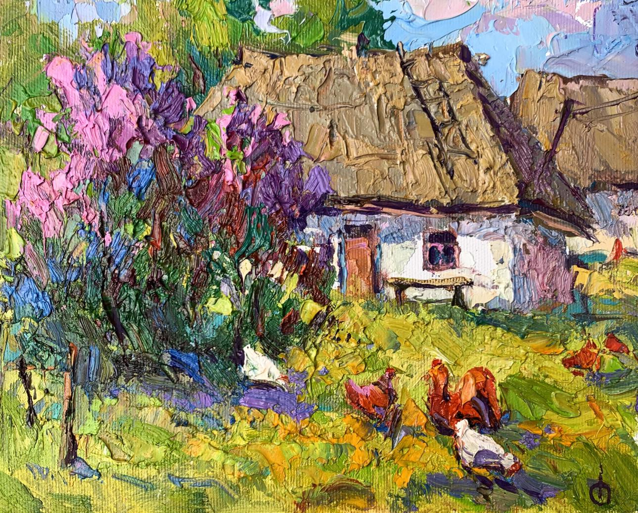 Oil painting by Oksana Ivanyuk: rustic white thatched cottage amid purple pink flowers