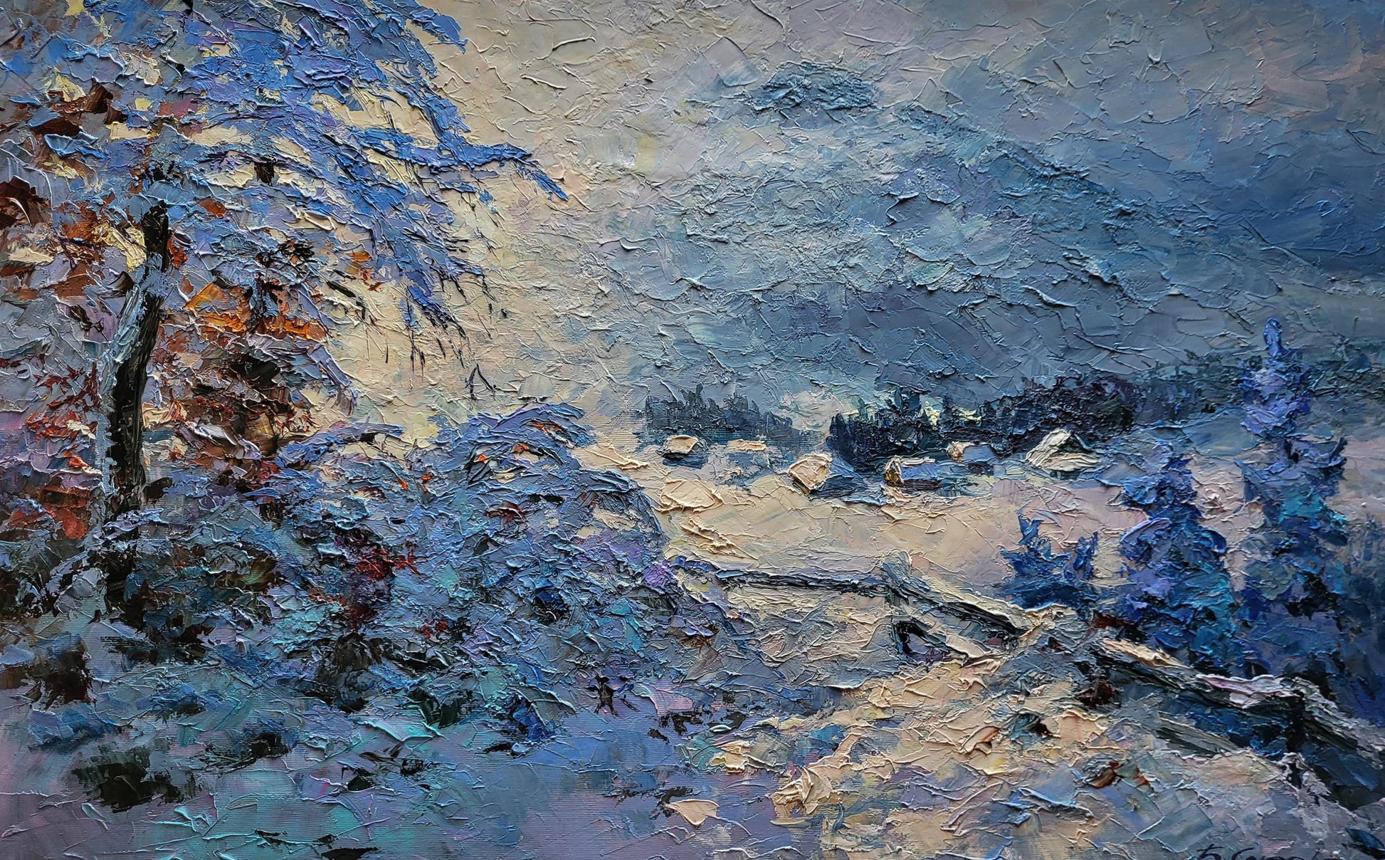 Oil painting In the winter mountains by Boris Serdyuk textured landscape