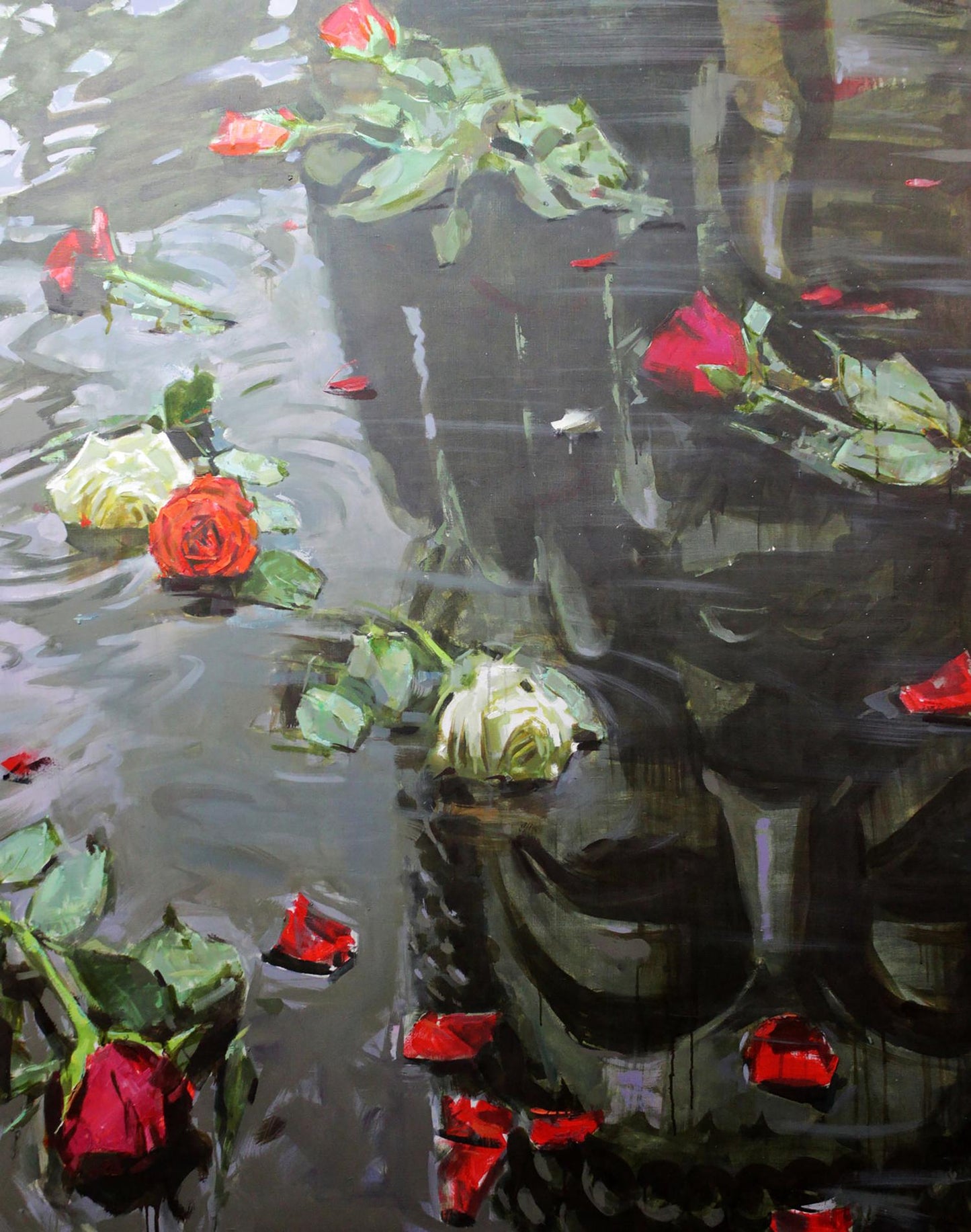 Oil painting by Budha Ed Potapenkov: floating red white roses in dark rippling water
