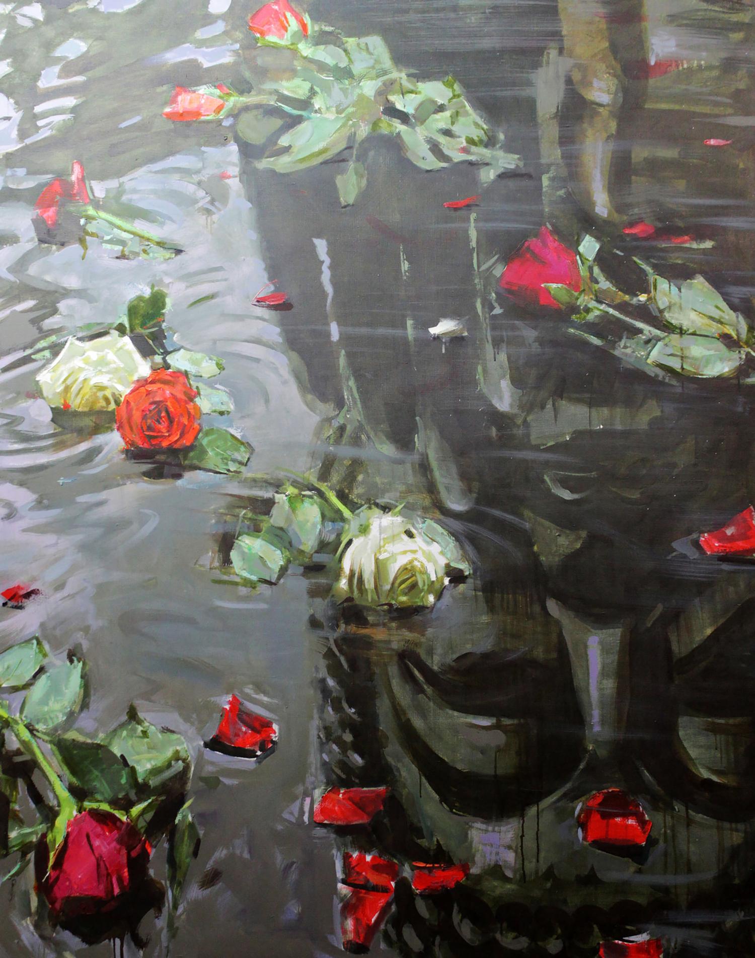 Oil painting by Budha Ed Potapenkov: floating red white roses in dark rippling water