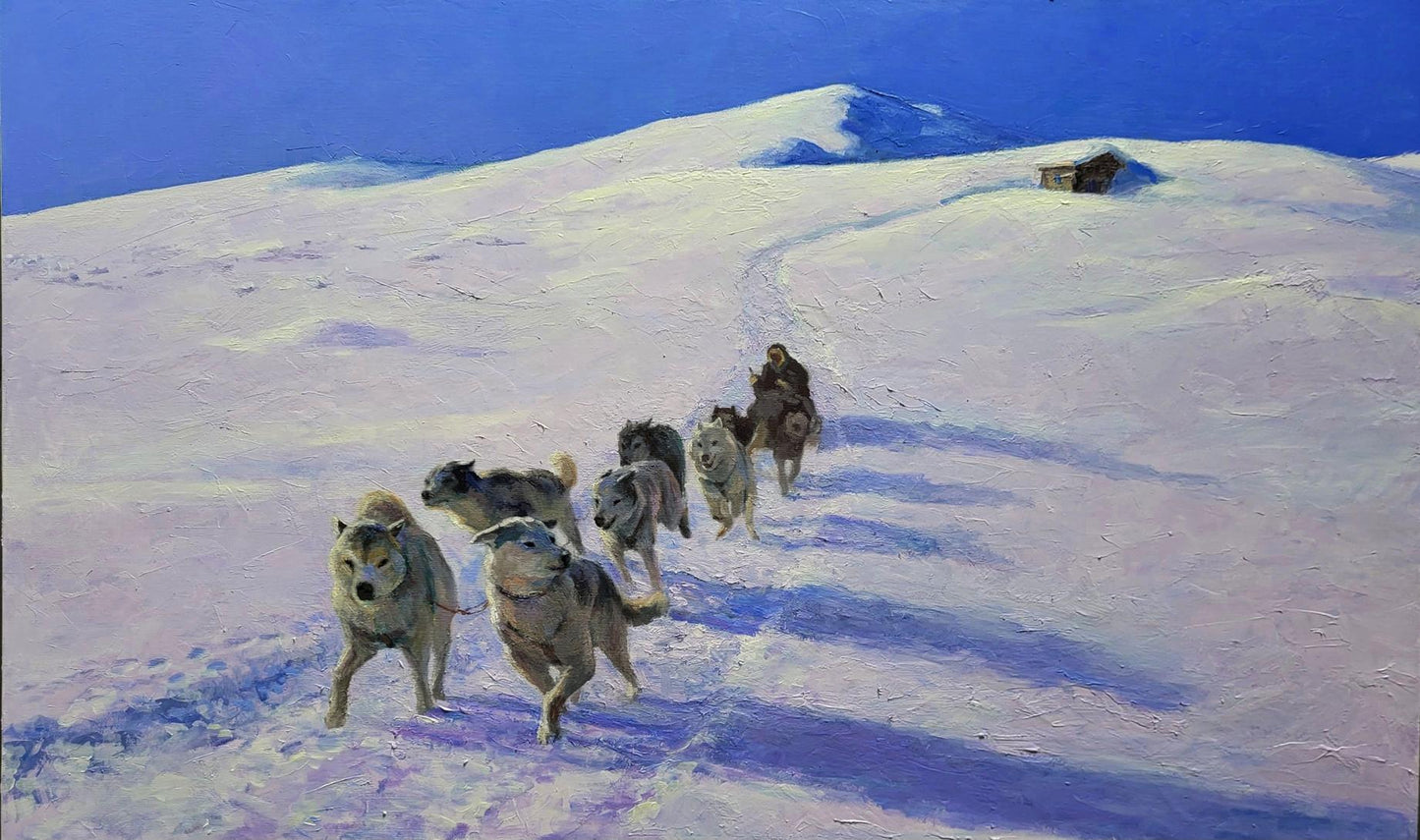 Oil painting of sledding in snowy mountains by Boris Serdyuk under blue sky