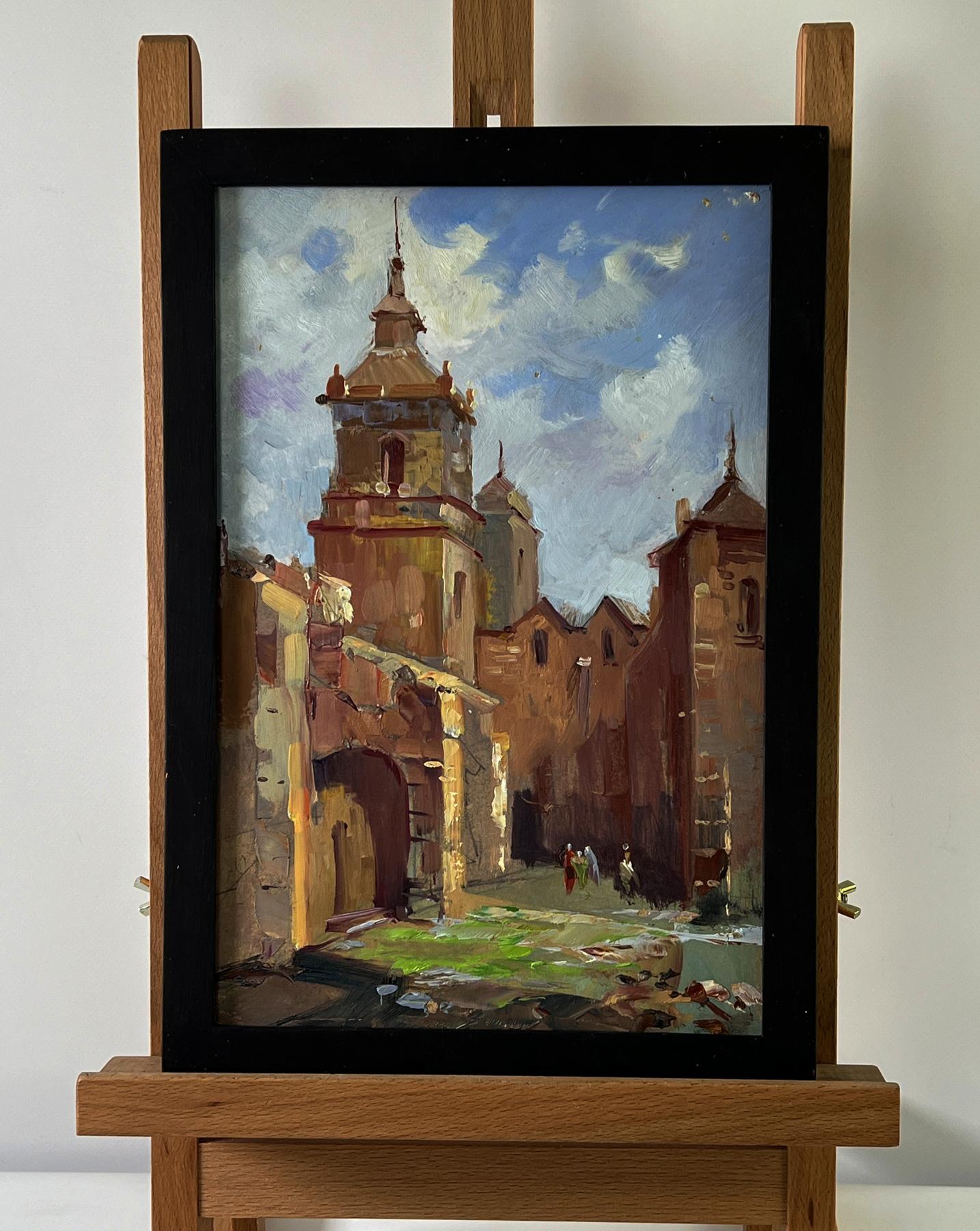 Oil painting of ancient castle tour by Yuriy Suprunchuk in black frame