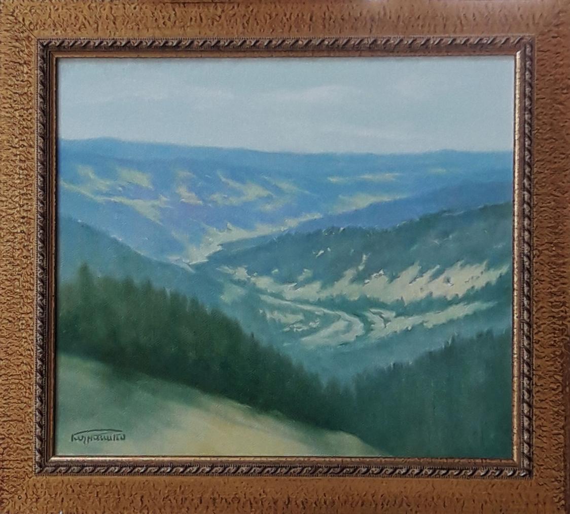 Oil painting of forested mountains by Vasily Korkishko in ornate frame