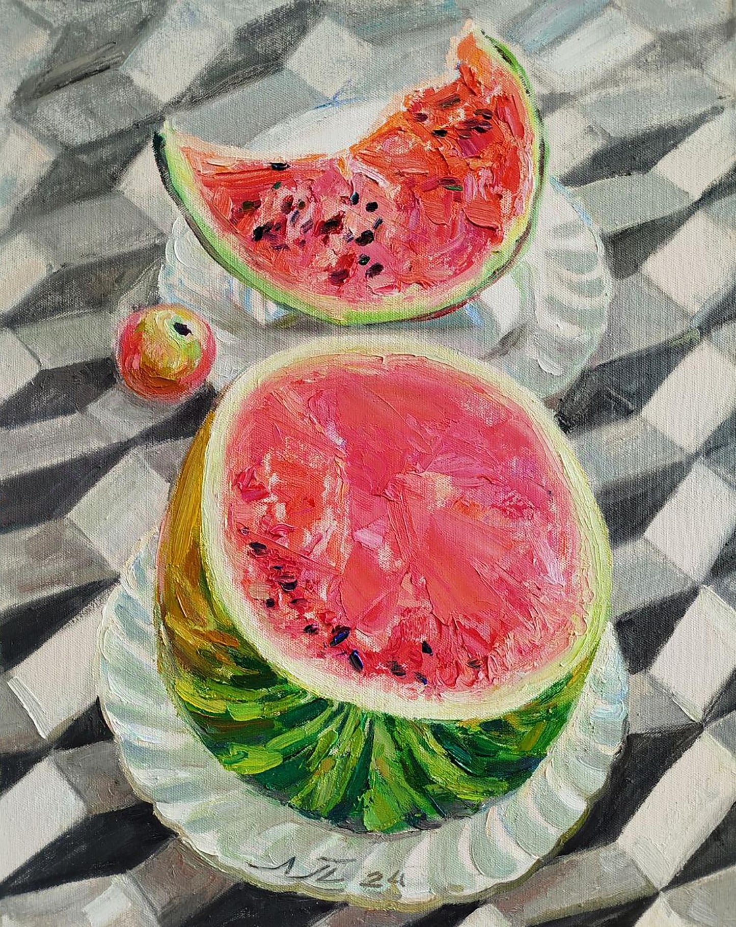 Oil painting of vibrant watermelon slice with apple by Leonid Pavlenko