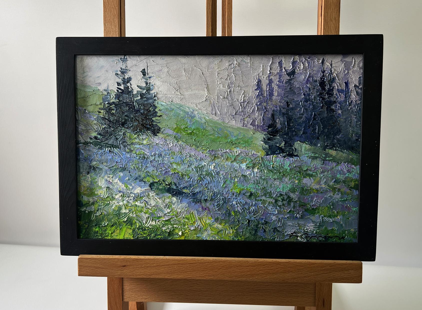 Oil painting Mountain Meadows by Boris Serdyuk: impressionistic green hills, wildflowers, trees