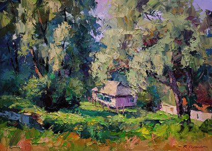 Impressionistic oil painting of purple wooden house among green trees by Boris Serdyuk