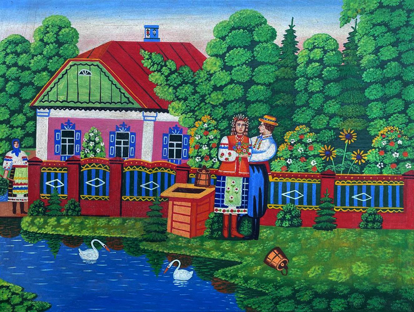 Oil painting of loving couple by river near pink folk house in trees