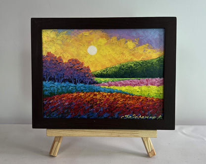 Oil painting Spring fields in sunset light by V. Zadorozhnya, vibrant reds and purples