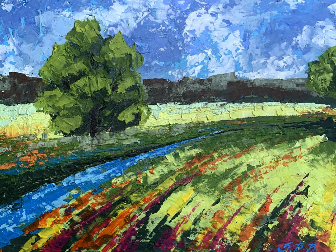Vibrant impressionist oil painting of green fields under clear skies by V. Zadorozhnya