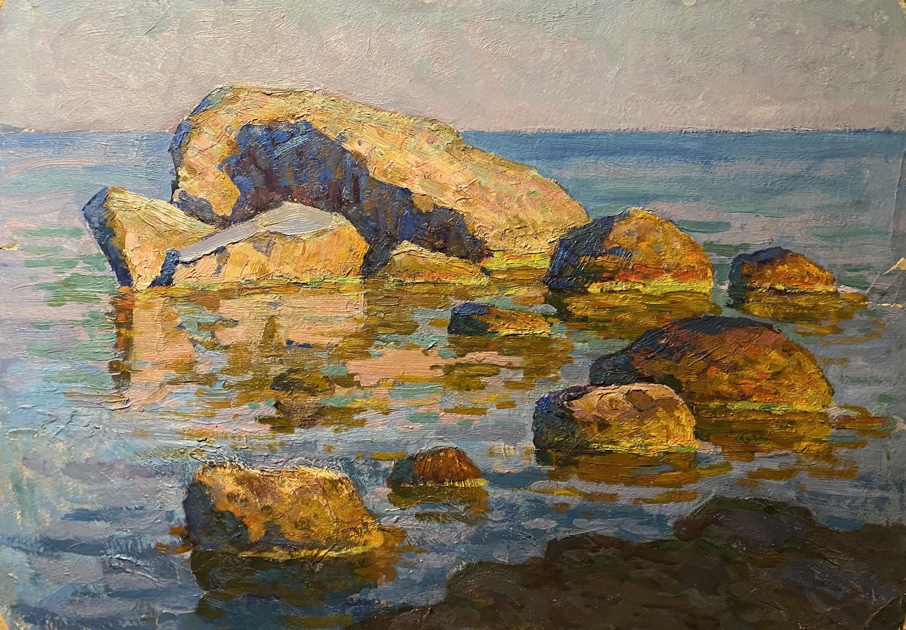 Oil painting of sunlit rocks near seashore by Grigoriy Ruban