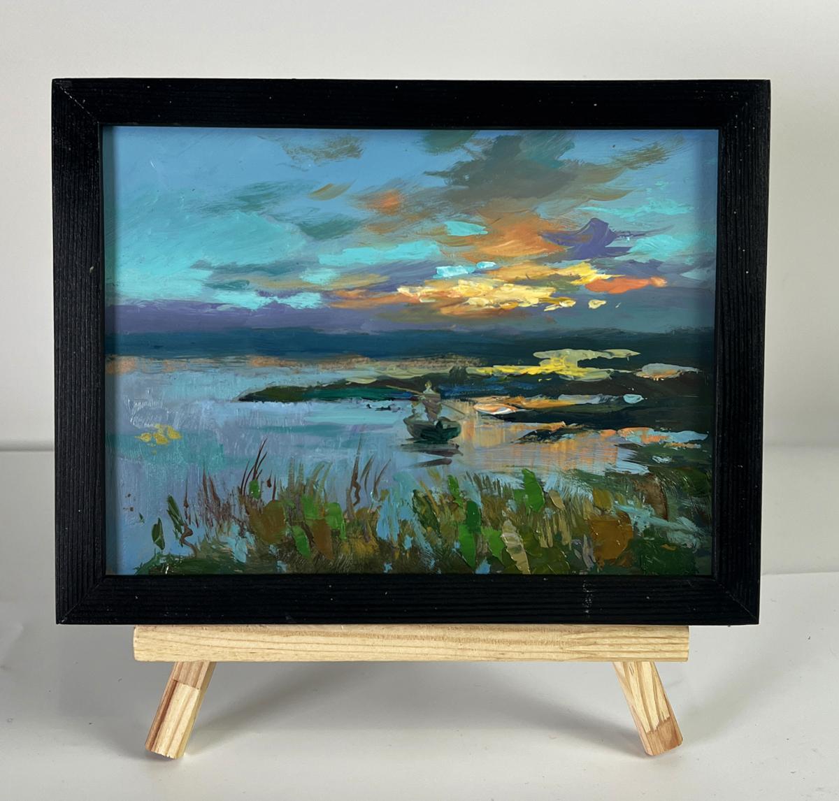 Framed impressionist oil painting of sunset fishing by Yuriy Suprunchuk