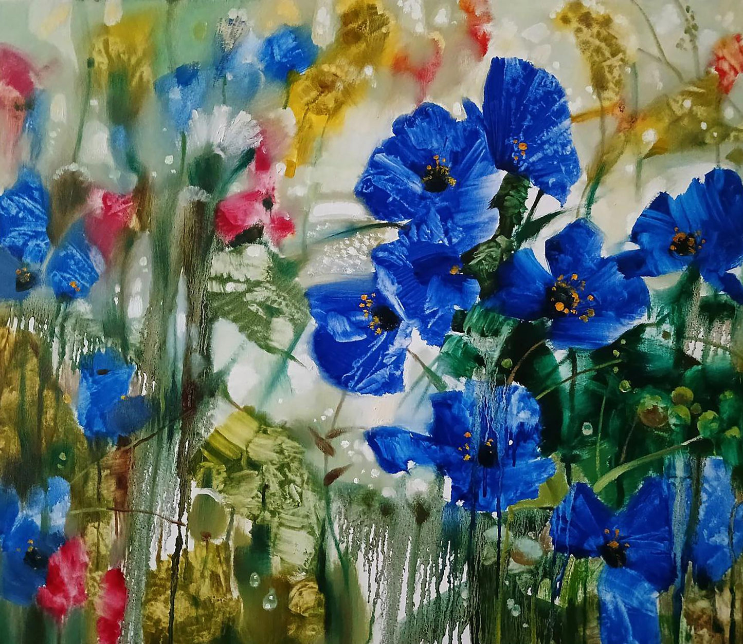 Vibrant blue poppies in Anatoly Tarabanov Morning Dew abstract oil painting