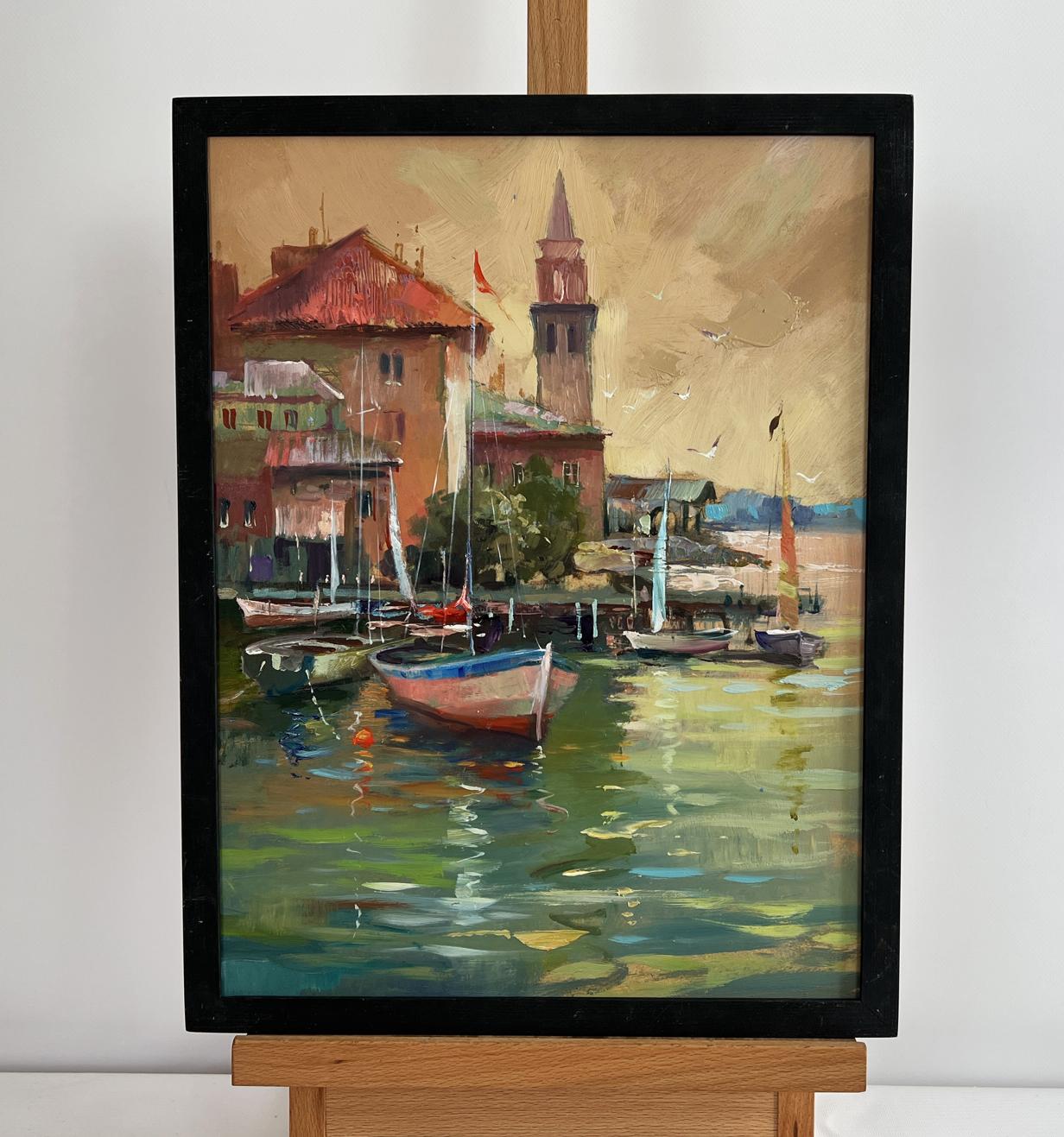 Oil painting of Venice port at sunset by Yuriy Suprunchuk in black frame