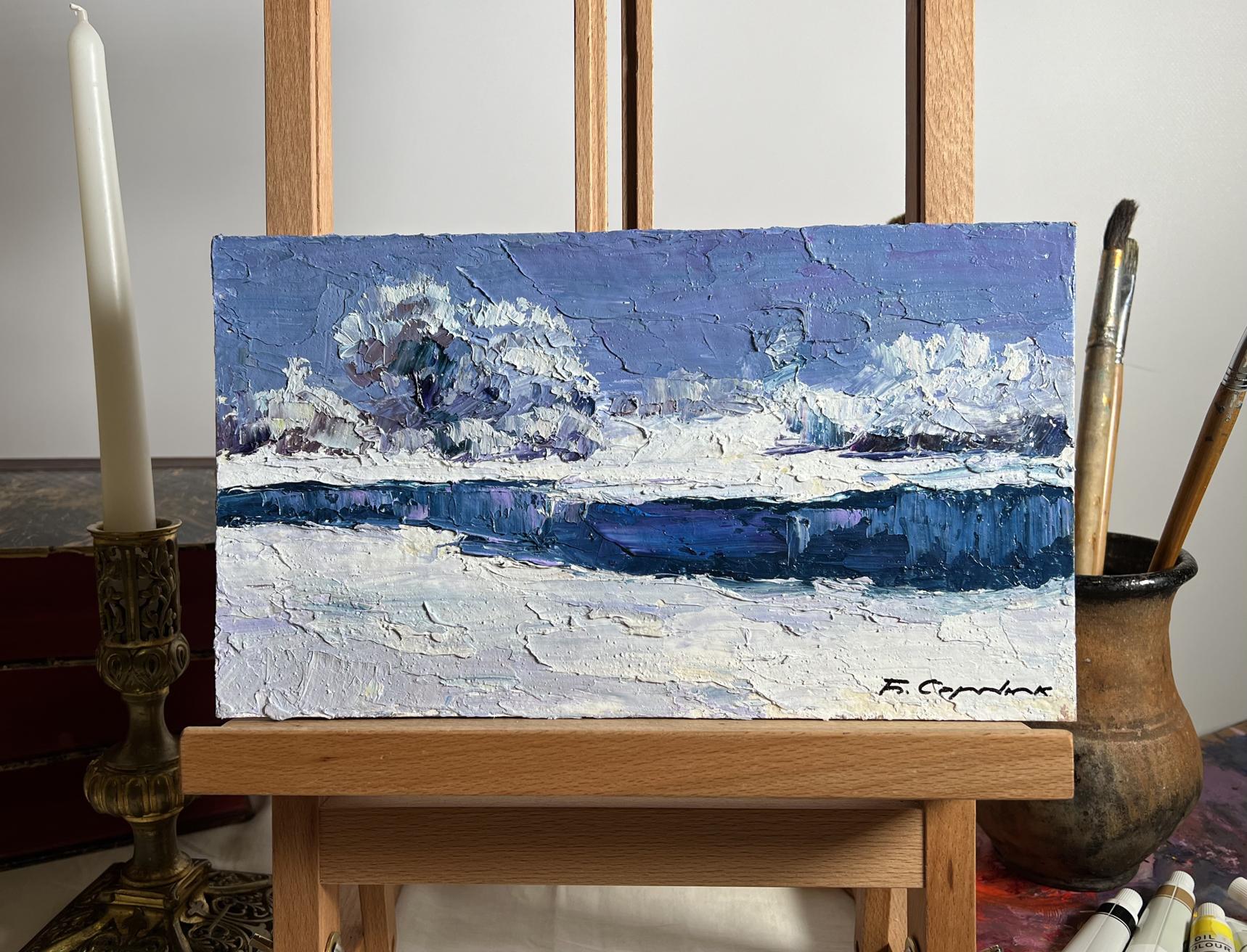 Oil painting Winter crystal by Boris Serdyuk: textured blue white impasto landscape