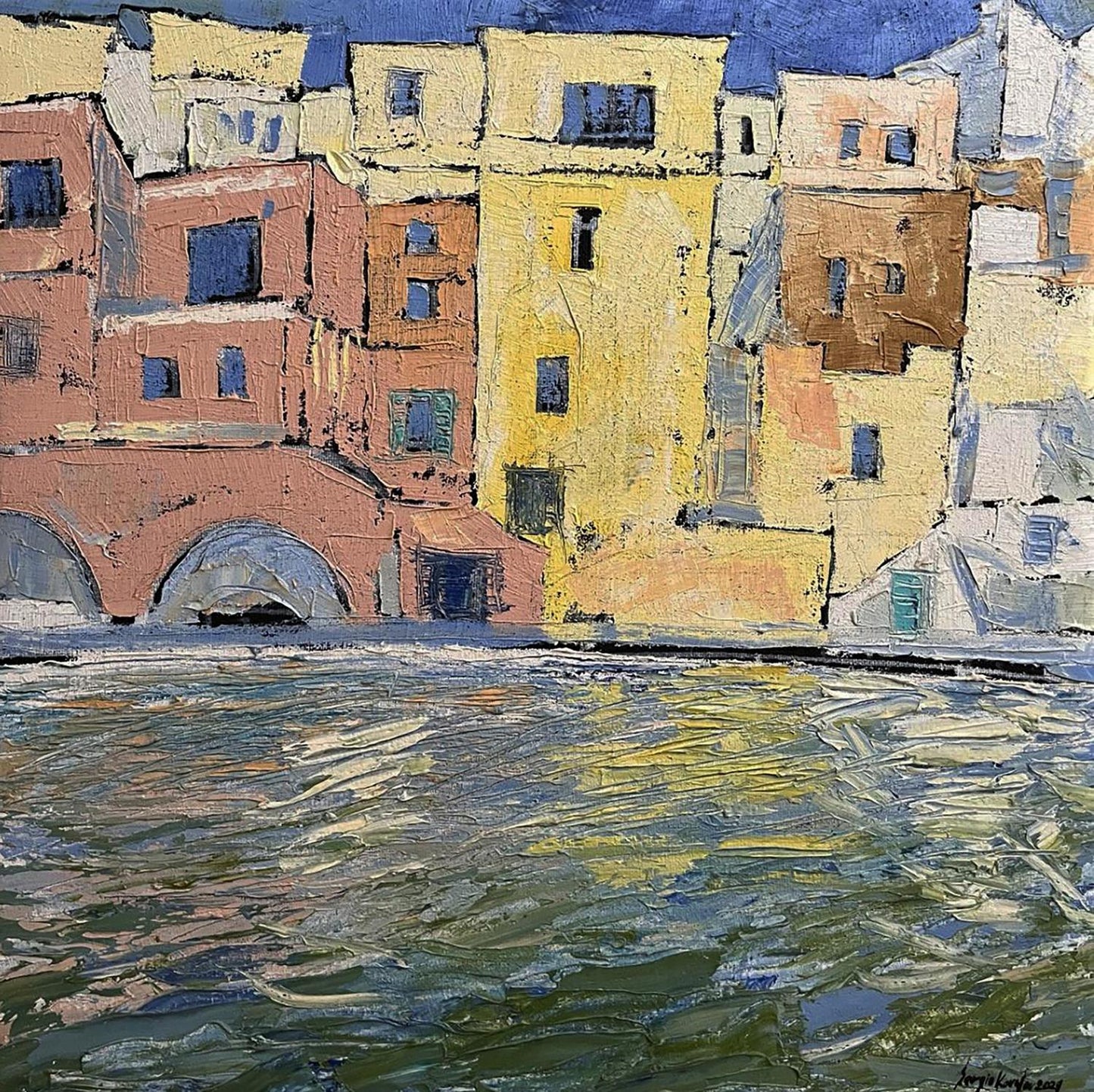 Vibrant oil painting Dark light by Serhiy Kovalev: sunlit coastal town reflected in water