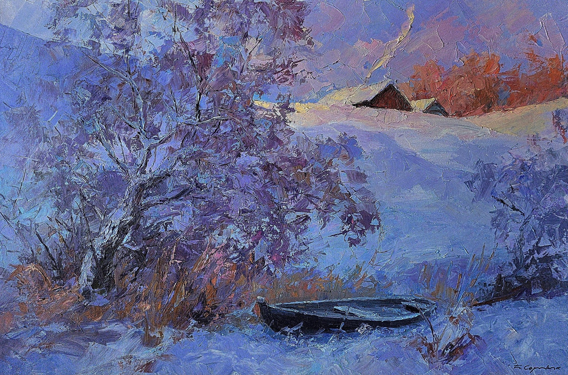 Oil painting Frosty morning by Boris Serdyuk: rowboat under purple-tinged tree on snow