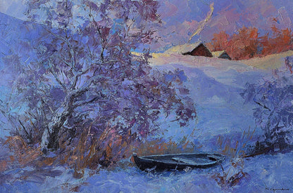 Oil painting Frosty morning by Boris Serdyuk: rowboat under purple-tinged tree on snow