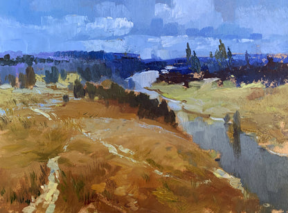 Oil painting by Yuriy Suprunchuk: river through golden-brown fields