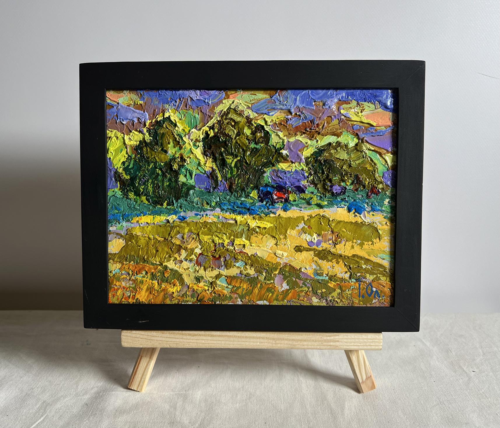Expressive yellow sunset oil painting by Oleksiy Ivanyuk in black frame