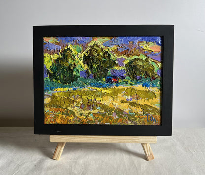 Expressive yellow sunset oil painting by Oleksiy Ivanyuk in black frame