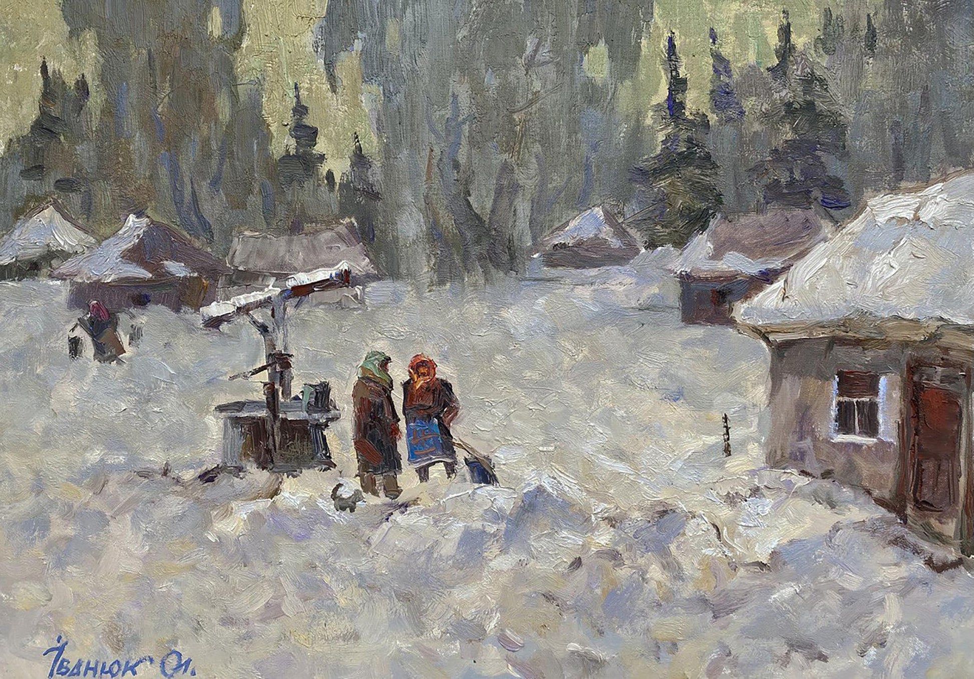 Snowy village with wooden houses by Oleksiy Ivanyuk oil painting