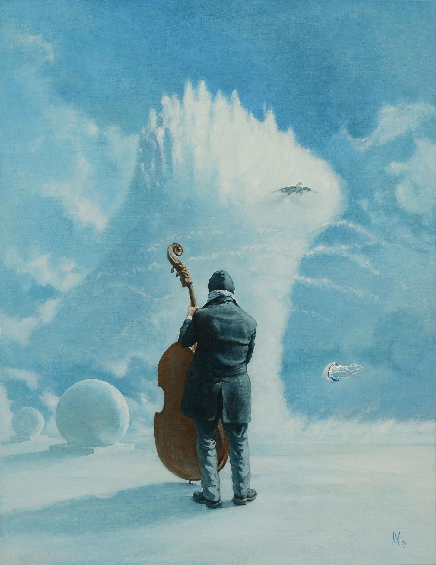 Oil painting of man holding ornate double bass by Oleg Kateryniuk