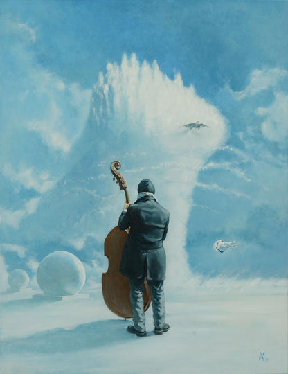 Oil painting of man holding ornate double bass by Oleg Kateryniuk