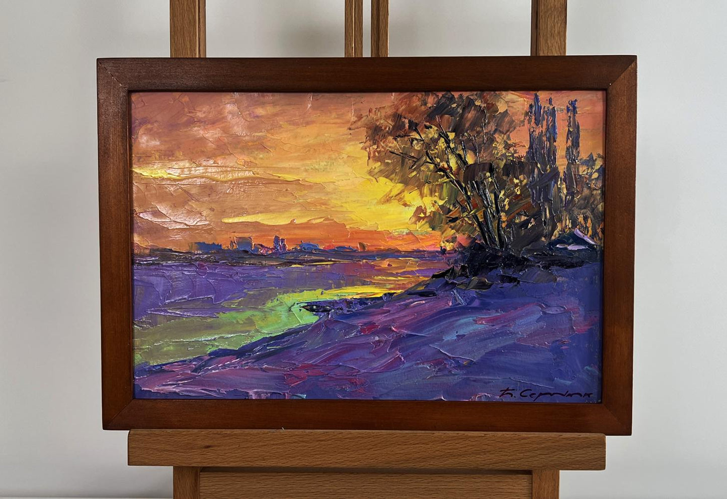 Oil painting The winter morning begins Boris Serdyuk in dark wood frame