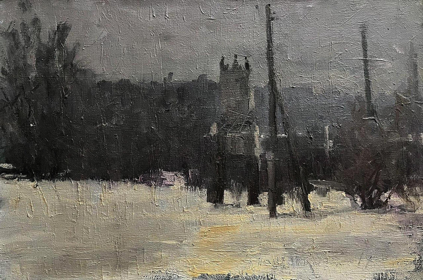 Monochrome oil painting Winter King by Volodymyr Pashchenko misty snow landscape