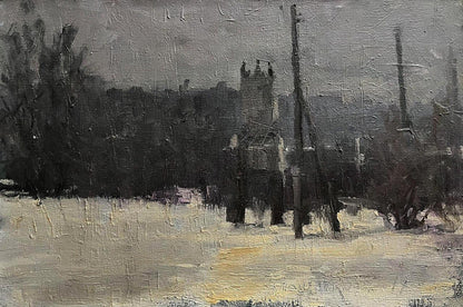 Monochrome oil painting Winter King by Volodymyr Pashchenko misty snow landscape