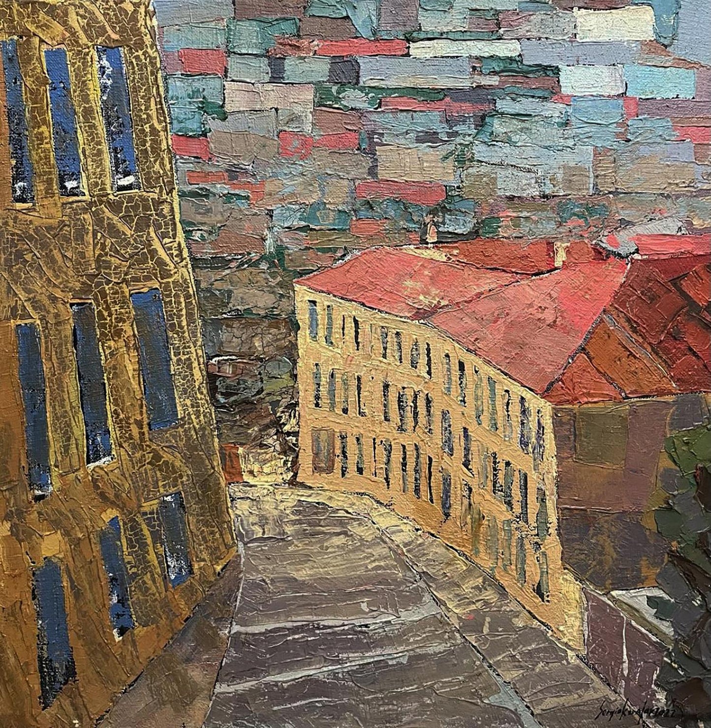 Oil painting City alley by Serhiy Kovalev: textured cobblestone alleyway