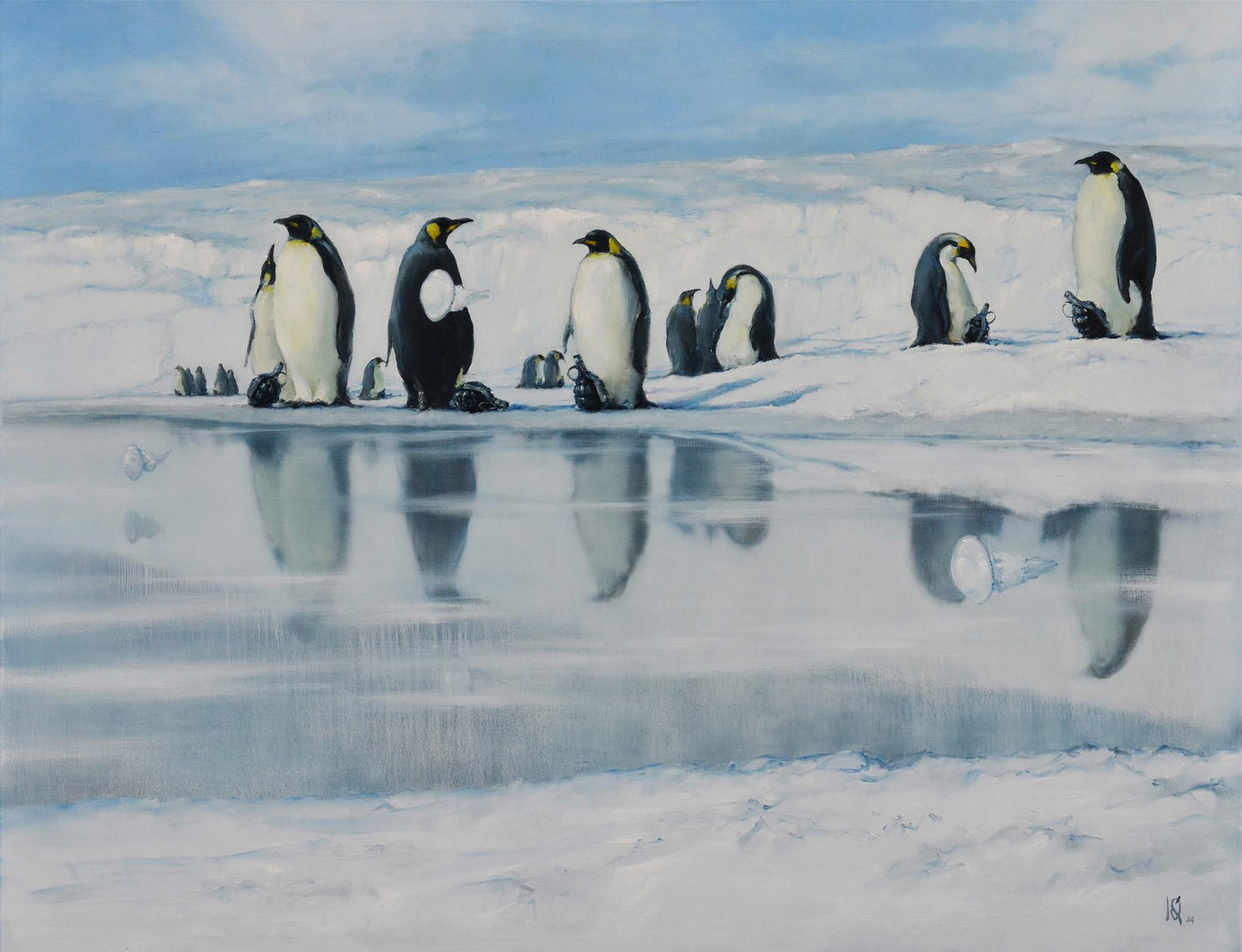 Oil painting of black-and-white emperor penguins on ice with reflections by Oleg Kateryniuk