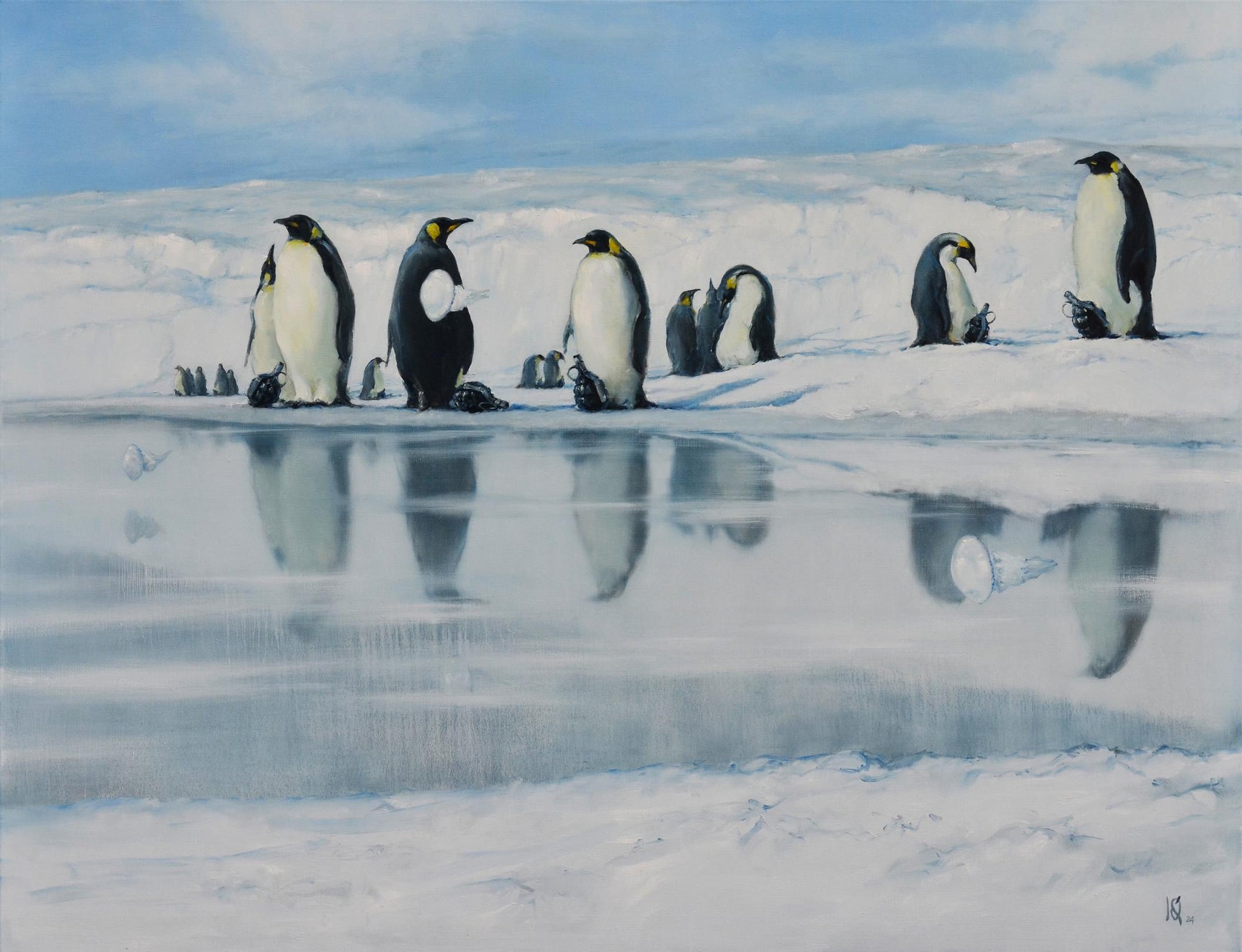Oil painting of black-and-white emperor penguins on ice with reflections by Oleg Kateryniuk