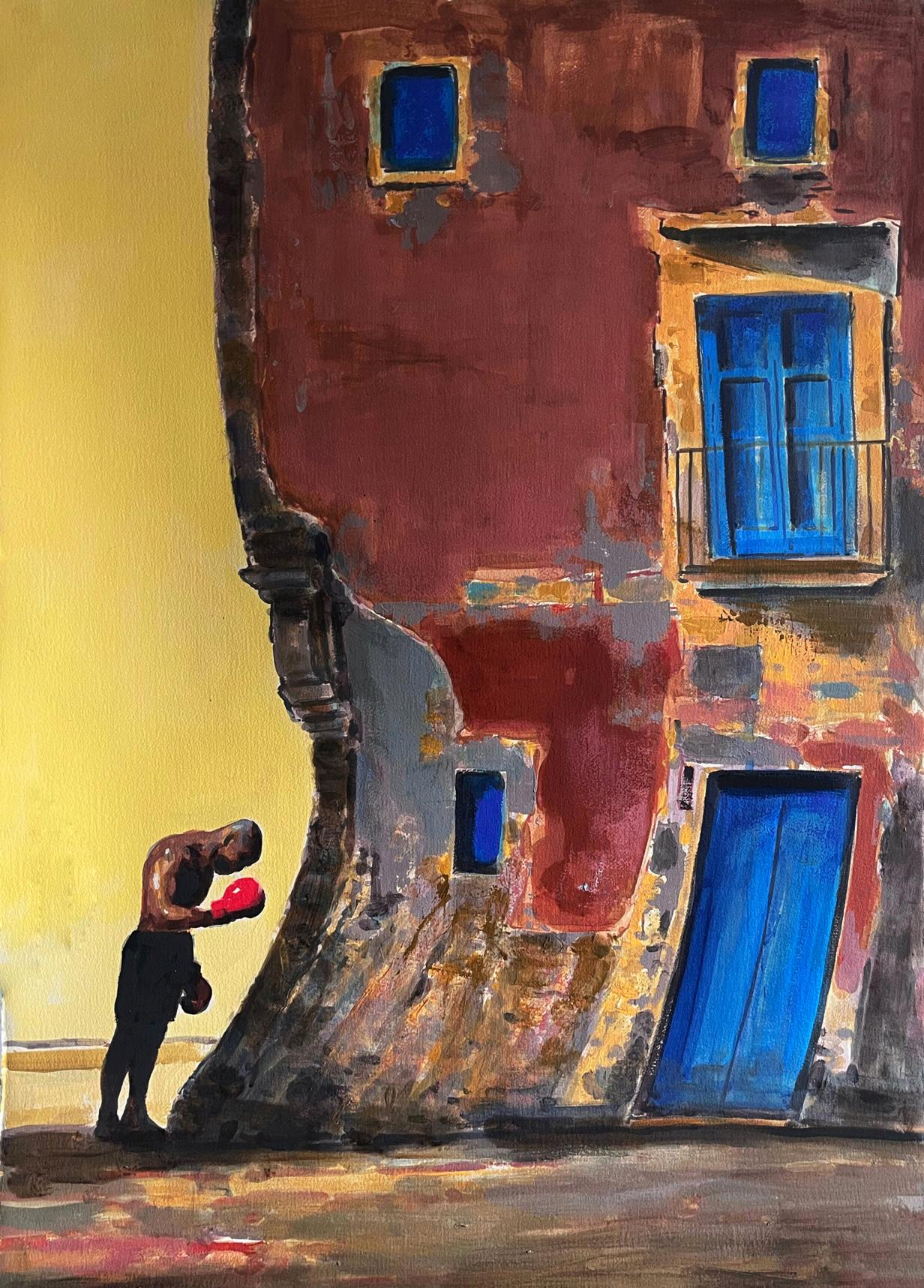 Acrylic painting Before the Fight by Juan Angel Gonzalez de la Calle: muscular boxer by tree trunk