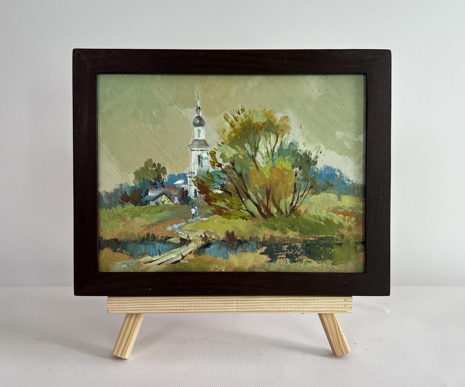 Oil painting At the village church by Yuriy Suprunchuk in wooden frame