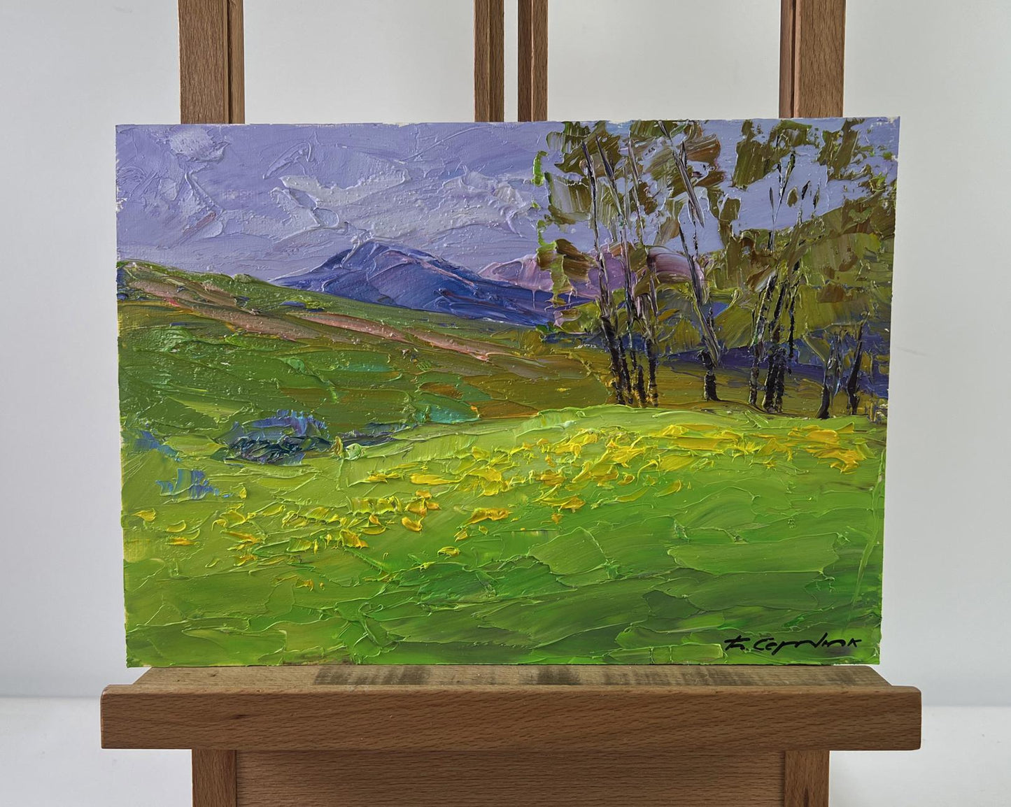 Oil painting by Boris Serdyuk: vibrant fields, wildflowers, purple mountains