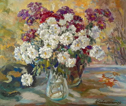 Vibrant Oi painting of autumn flowers by Ivan Kovalenko in glass vase