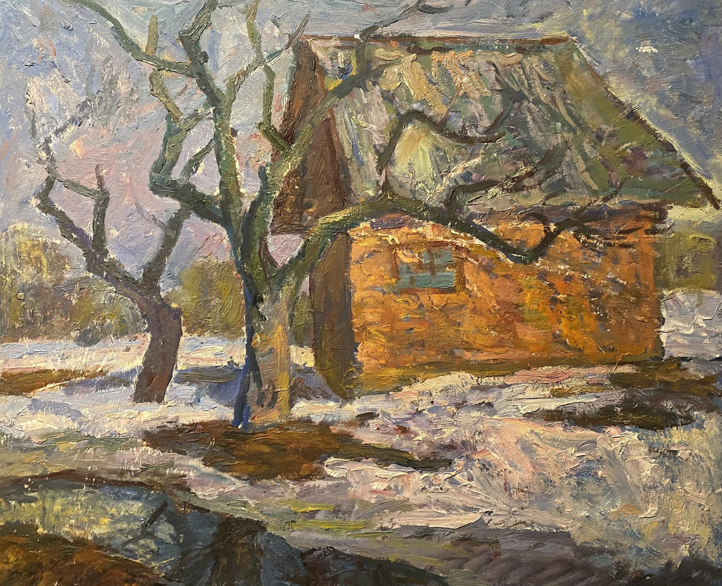 Oil painting March by Stanislav Petrashevsky: rustic orange stone cottage with thatched roof in snowy landscape